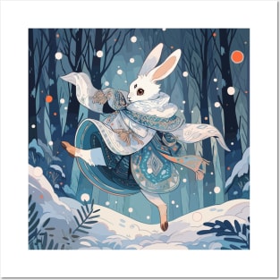 White rabbit dancing in the snow Posters and Art